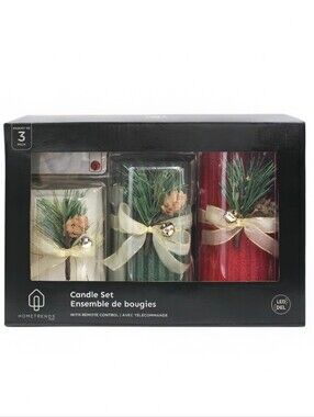 NEW Hometrends 3-Piece Fluted Foliage Holiday Pillar Candle Set w/Remote Control